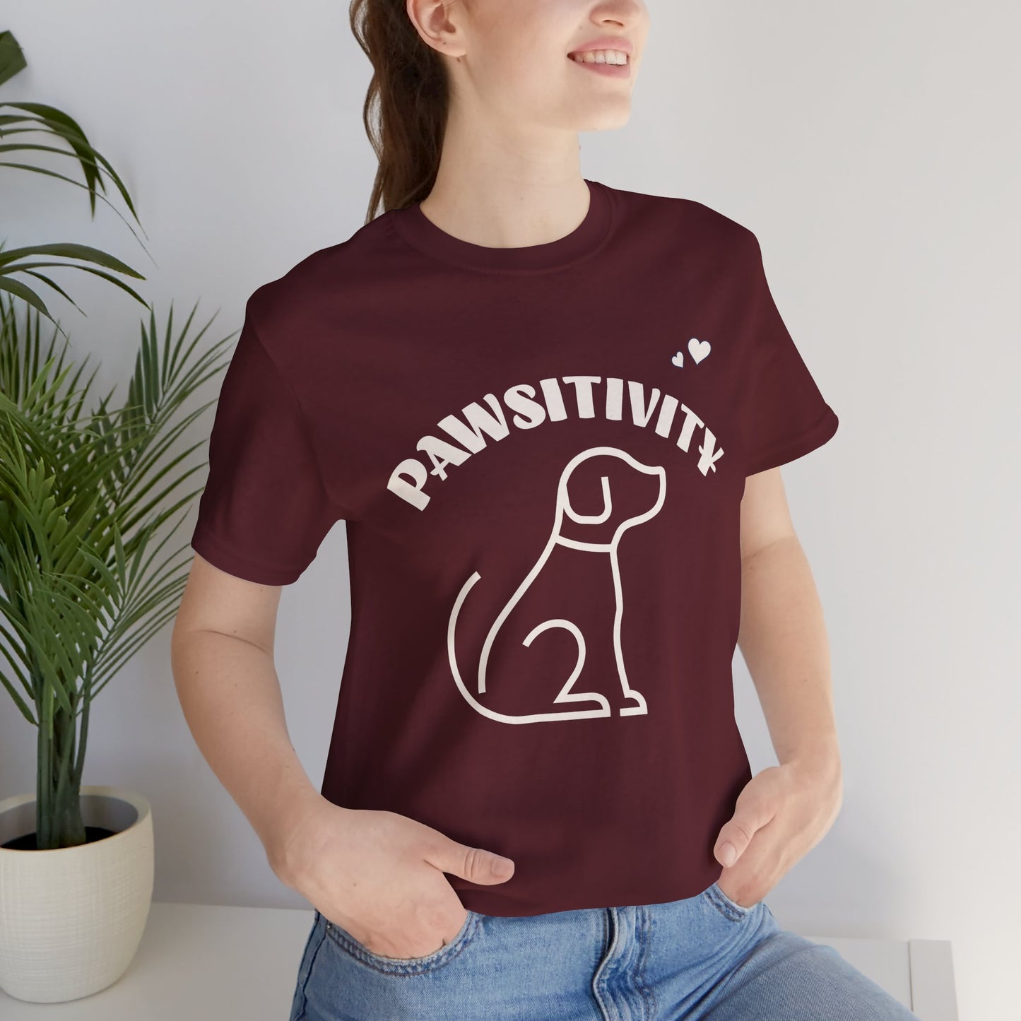 Pawsitivity dog mom t-shirt in mehroon, front view / ...in mehroon, front view / close-up of Pawsitivity line-art design