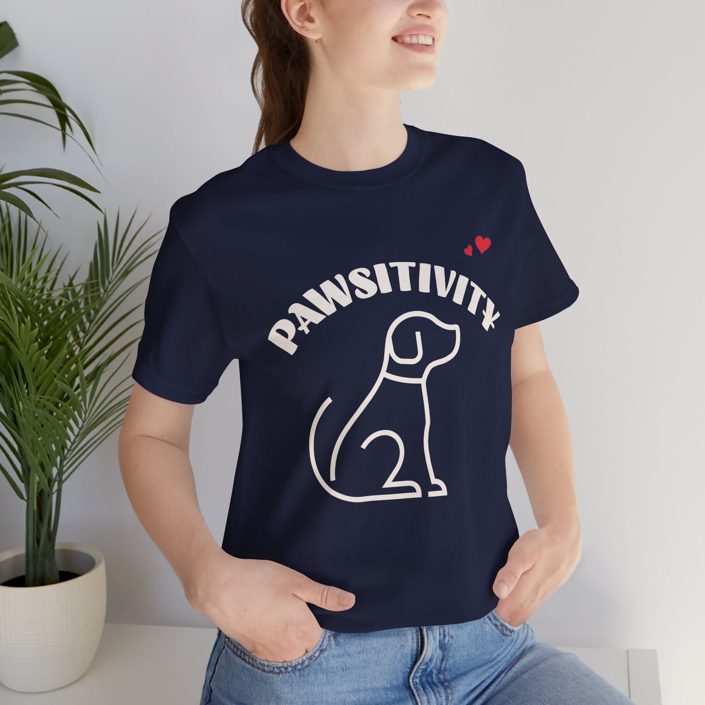Pawsitivity dog mom t-shirt in navy, front view / ...in navy, front view / close-up of Pawsitivity line-art design