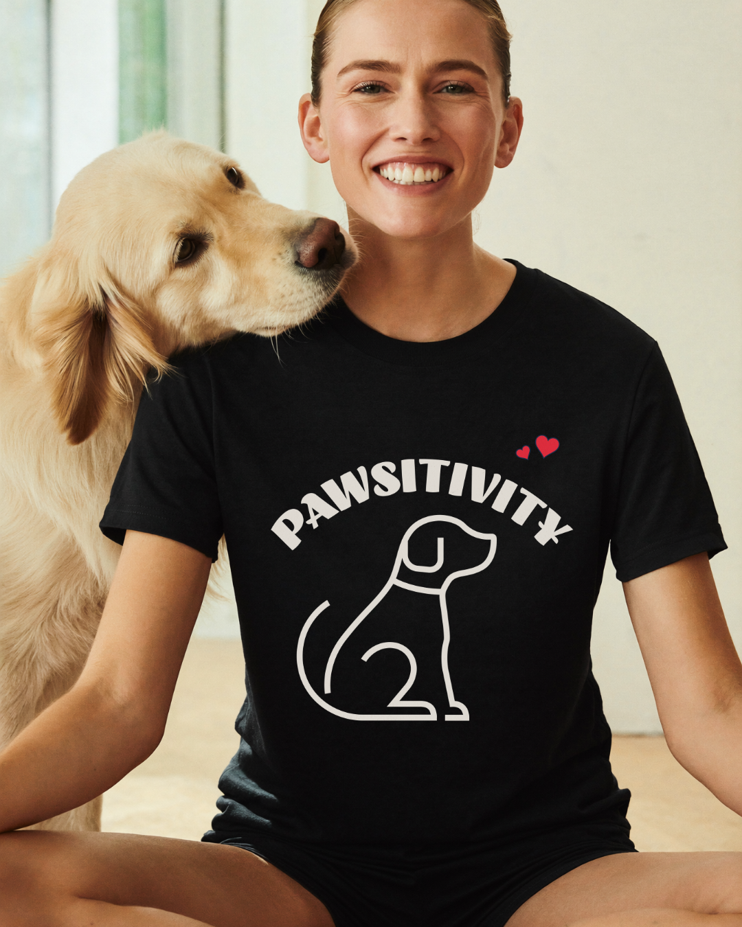 Pawsitivity dog mom t-shirt in black with minimalist line art dog and red hearts