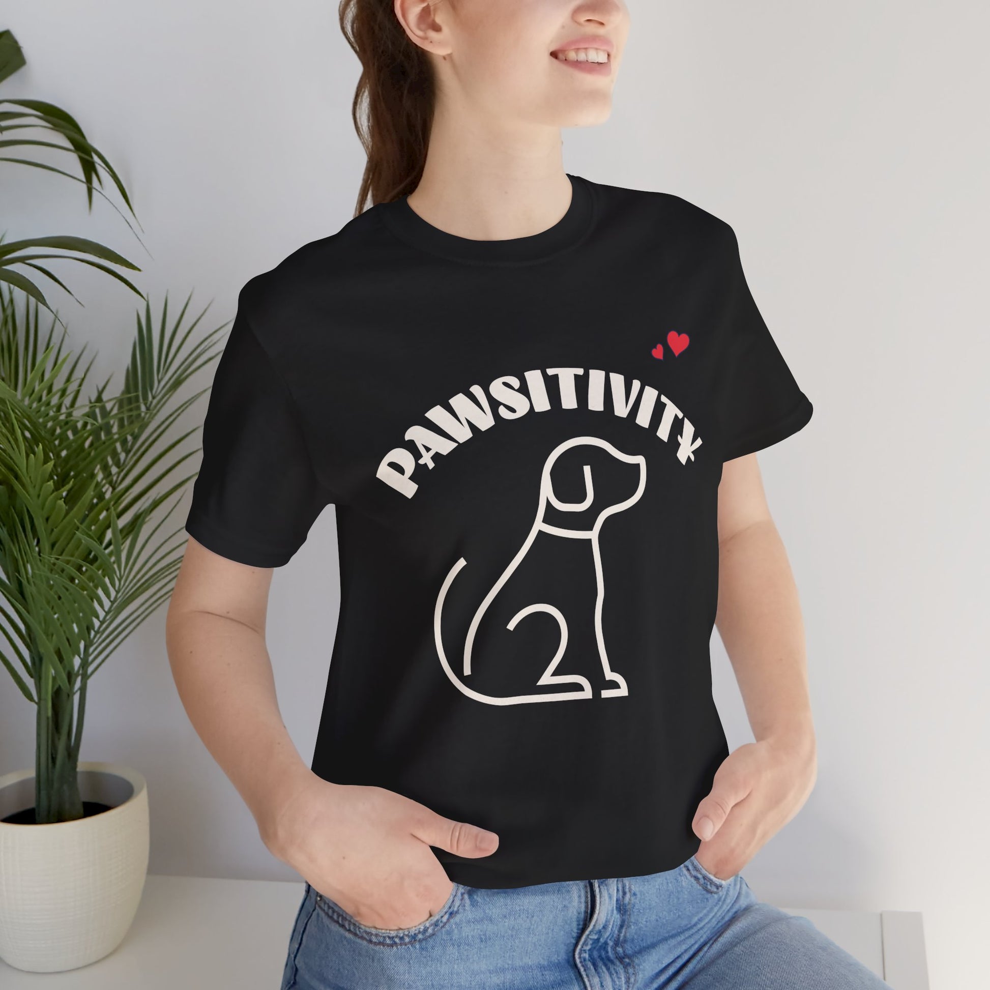 Pawsitivity dog mom t-shirt in black, front view / ...in black, front view / close-up of Pawsitivity line-art design