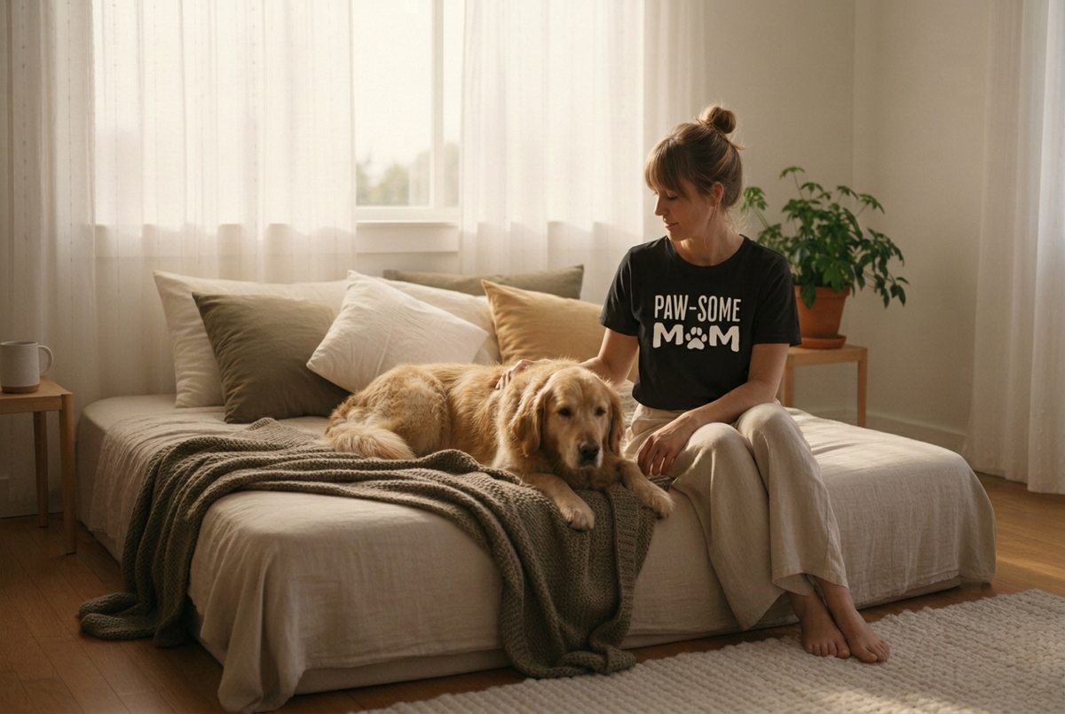 Woman in a black PAW-SOME MOM tee with softer off-white lettering beside her golden retriever
